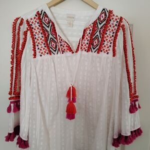 Chico's White Embroidered Tassel Tunic with Pink & Red Accents Sz 1